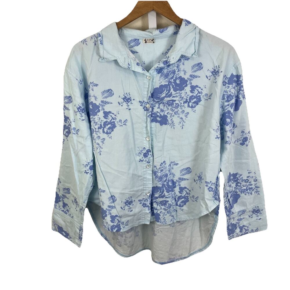Free People Intimately Floral Pajama Button Down Shirt Cotton Blue L/XL